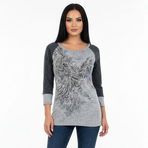 Miss Me Long Sleeve Gray Blue Embellished Shirt - Small